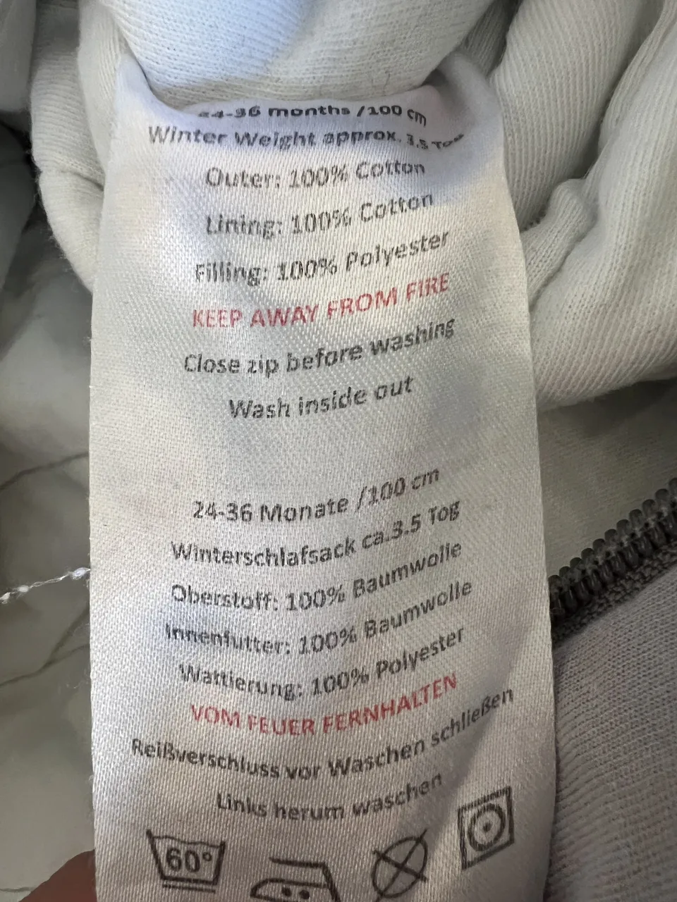 Schlummersack 3,5 TOG – 100 cm – grau – mit Füßen – Bild 3